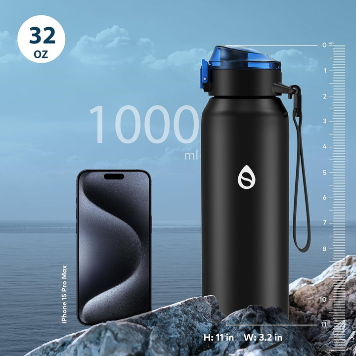 WEMEET 1000ml Trinkflasche Edelstahl mit Abnehmbare Strohhalm, [18/10 Edelstahl] BPA-frei Edelstahlf