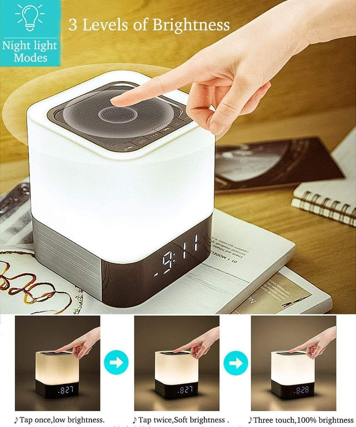 Bluetooth-Lautsprecher Wecker für Schlafzimmer, 5-in-1 dimmbare Touch-Nachttischlampe mit 7 RGB Farb