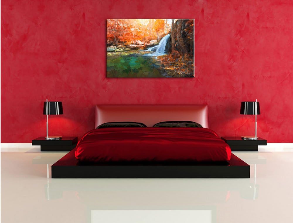 Pixxprint Wasserfall im Wald / 100x70cm Leinwandbild bespannt auf Holzrahmen/Wandbild Kunstdruck Dek