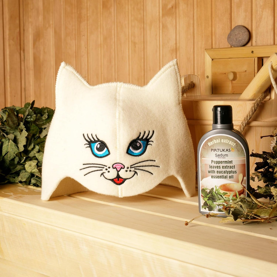 Saunahut für Damen und Herren aus Filz - Sauna Kitten Cat – Weiss Saunahut für Herren und Damen aus