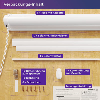 schattenfreu.de Doppelrollo mit Kassette nach Mass | Zum Ankleben ohne Bohren | Optional zum Anschra