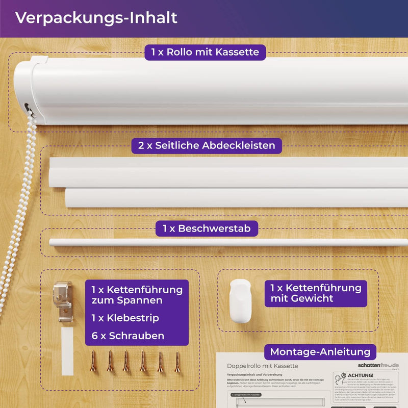 schattenfreu.de Doppelrollo mit Kassette nach Mass | Zum Ankleben ohne Bohren | Optional zum Anschra