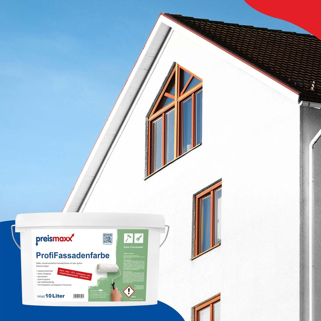 Profi Fassadenfarbe, weiss, 10 Liter, matte, wasserabweisende Aussen-Dispersion, hohe Wasserdampfdur