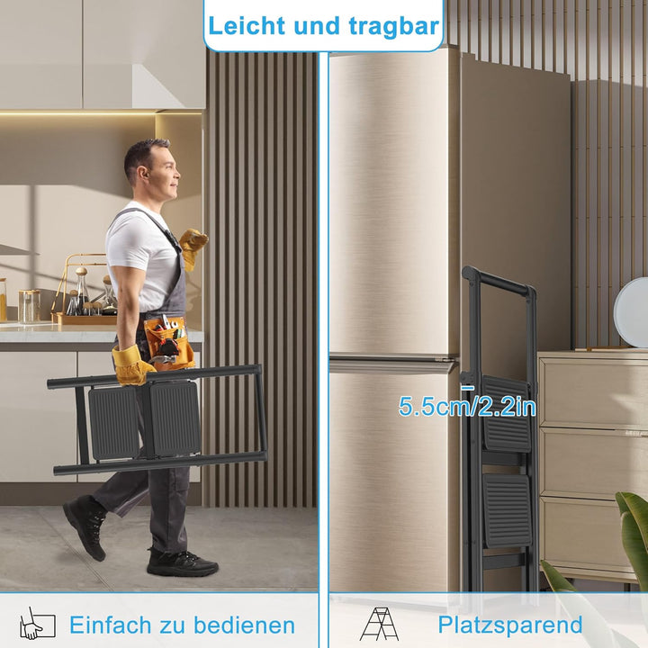 Aufun Trittleiter 2 Stufen, Klappleiter mit breitem Anti-Rutsch-Pedal, Mit Handlauf Haushaltsleiter
