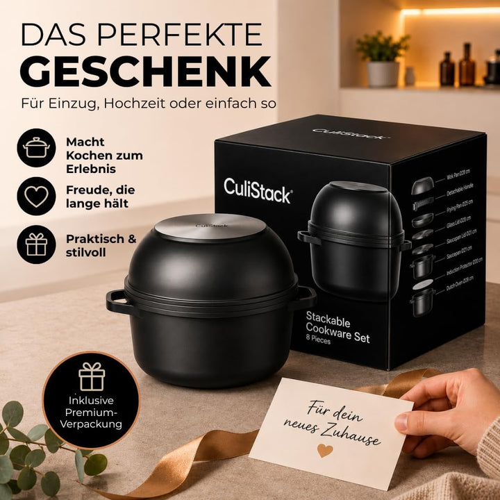 Essential Topf und Pfannenset 8-teilig Induktion, Abnehmbarer Griff, Stapelbar, Platzsparend, Backof