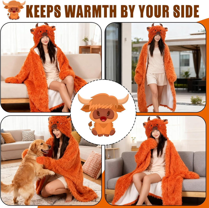 Kuscheldecke mit Ärmeln, Highland Cow Tragbare Decke Flauschig Kuscheldecke Geschenk für Frauen Brau