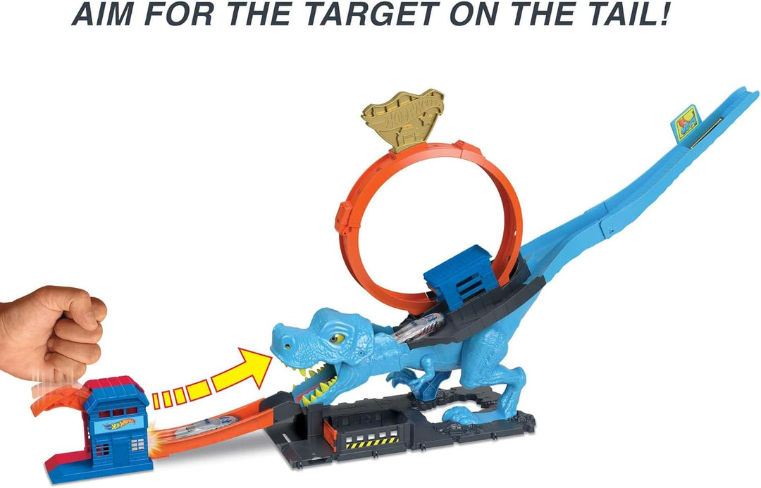 Hot Wheels 2:1 Transporter zu T-Rex mit inkl. Autorennbahn, mit Beleuchtung und Geräuschen & Autoren
