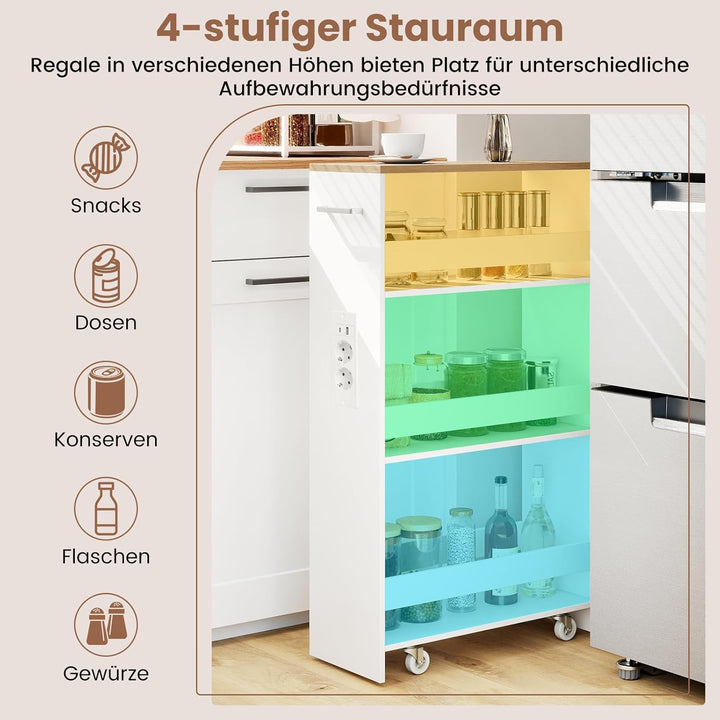 COSTWAY Nischenwagen 20cm breit, 4 Etagen Küchenwagen schmal mit Ladestation, Nischenregal auf Rolle
