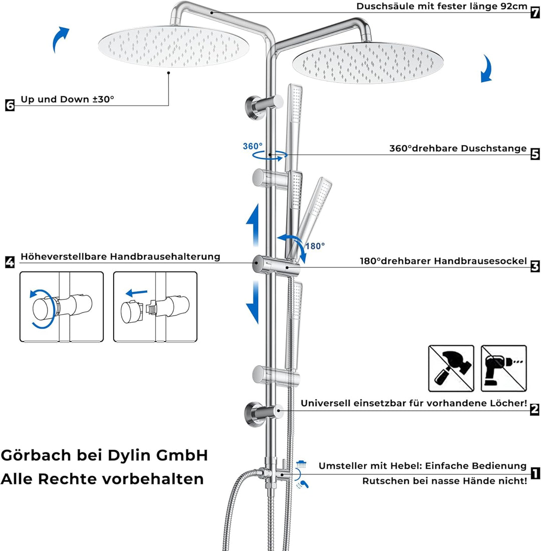 Görbach Regendusche Duschset ohne Armatur, Chrom Edelstahl Duschsystem mit Duschkopf, Duschstange, D