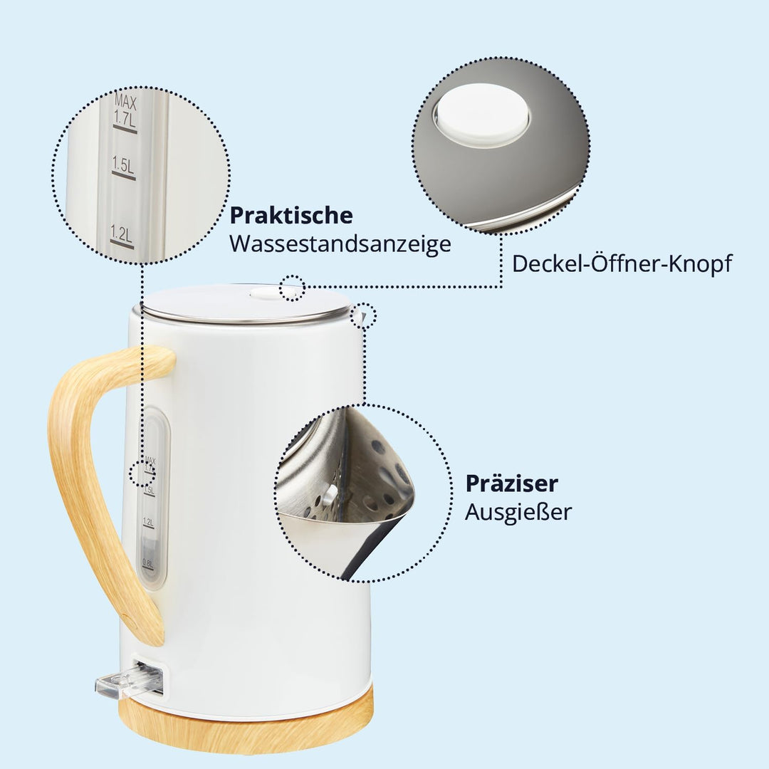 KHG Wasserkocher WK-1716 WWD weiss - holzfarbene Applikation Edelstahl 1,7 Liter, Kalkfilter, Wasser