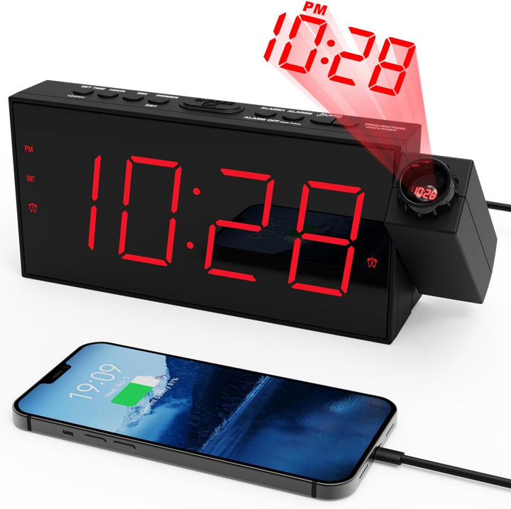 Projektionswecker für Schlafzimmer, digitaler wecker mit grosser 7" LED-Anzeige, Dimmer, 350° Projek