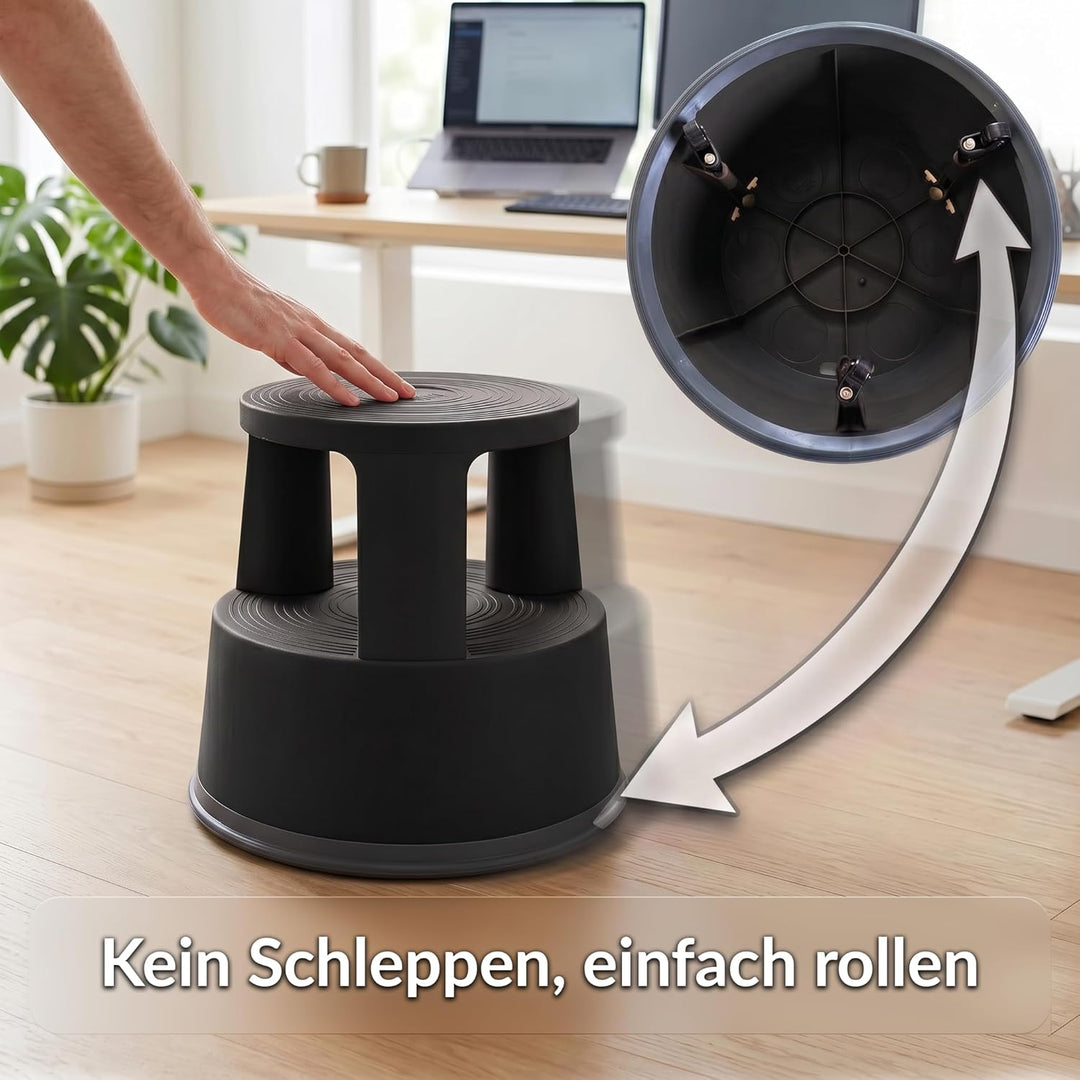 Office Marshal Rollhocker Kunststoff Elefantenfuss schwarz, Rutschfester Tritthocker mit Rollen, mob