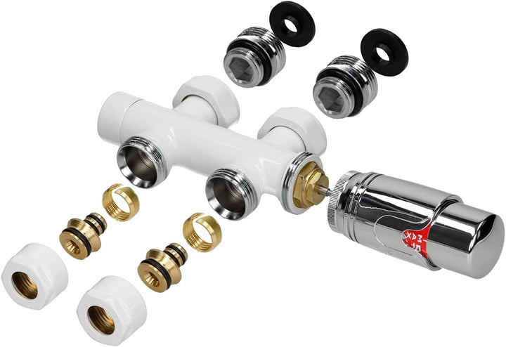 ECD Germany Badheizkörper Mittelanschluss 300 x 1400 mm Weiss gerade mit Thermostat und Anschlussgar