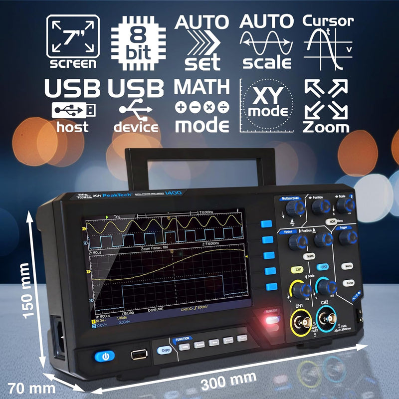 PeakTech 1402, Digital Speicher Oszilloskop, 2 Kanal, 20 MHz, 250 MS/s, USB Schnittstelle, PC Softwa