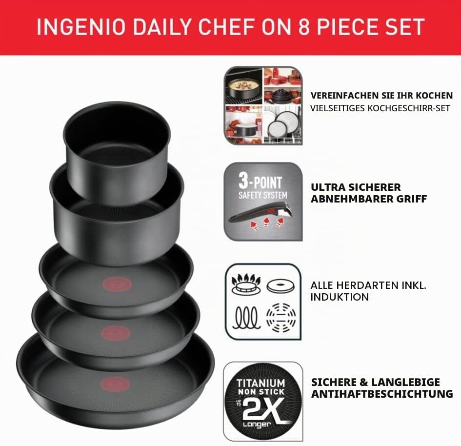 Tefal Ingenio Daily Chef ON Töpfe &amp; Pfannen Set, 8-teilig, stapelbar, abnehmbarer Griff, platzsparen