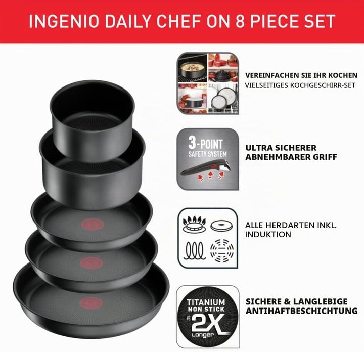 Tefal Ingenio Daily Chef ON Töpfe &amp; Pfannen Set, 8-teilig, stapelbar, abnehmbarer Griff, platzsparen