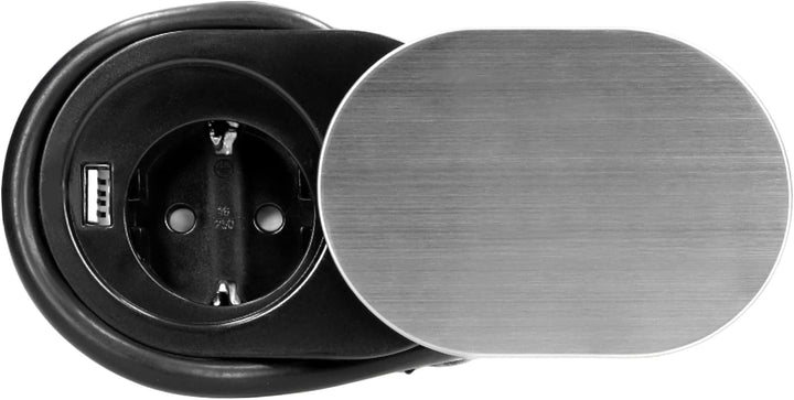 Orno AE-13124 Versenkbare Einbau Steckdosenleiste 1 Fach mit 1x USB-Ladegerät 1,9m Kabel Schwarz