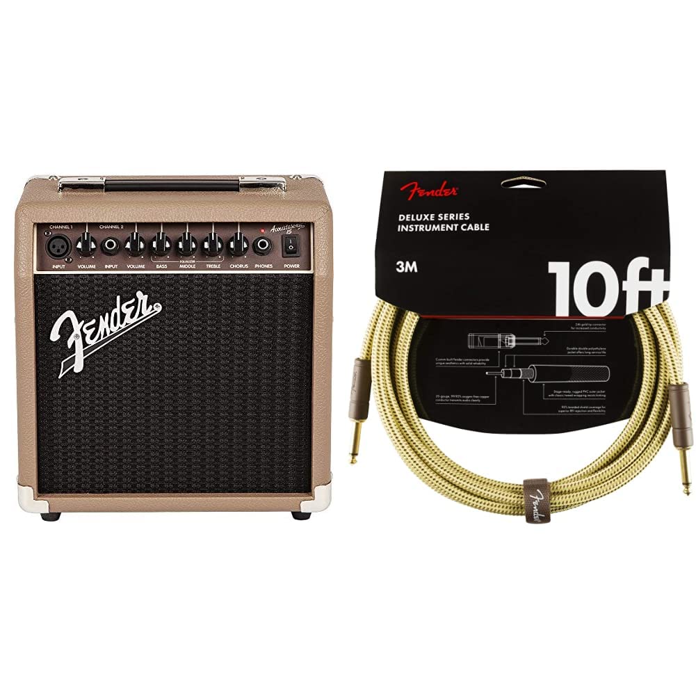 Fender Verstärker für Akustikgitarre, 15 W & Kabel Deluxe Series, 3m, Tweed 15W Bundle mit Kabel Del