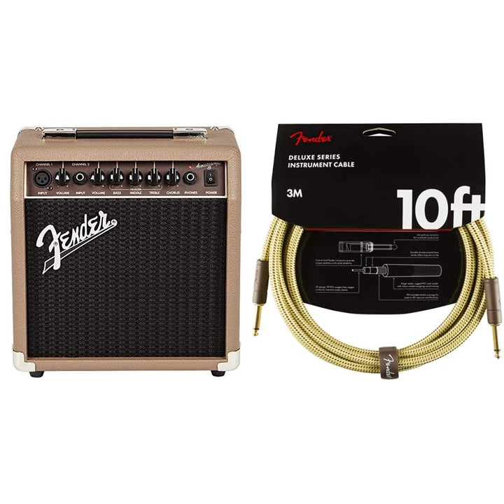 Fender Verstärker für Akustikgitarre, 15 W & Kabel Deluxe Series, 3m, Tweed 15W Bundle mit Kabel Del