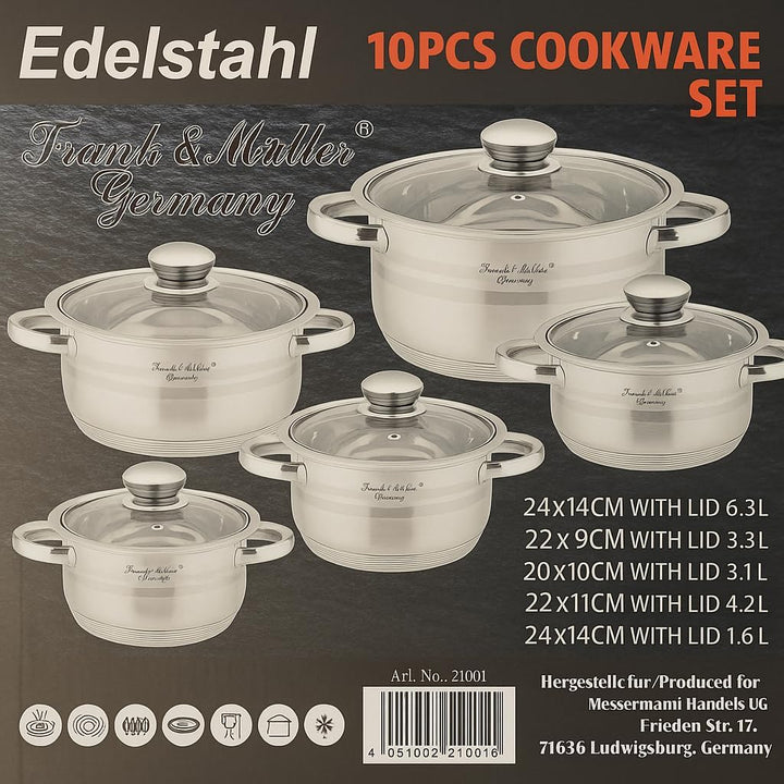 Edelstahl Topfset 5-teilig mit Glasdeckel und Messskala | Induktionsgeeignetes Kochtopfset aus Edels