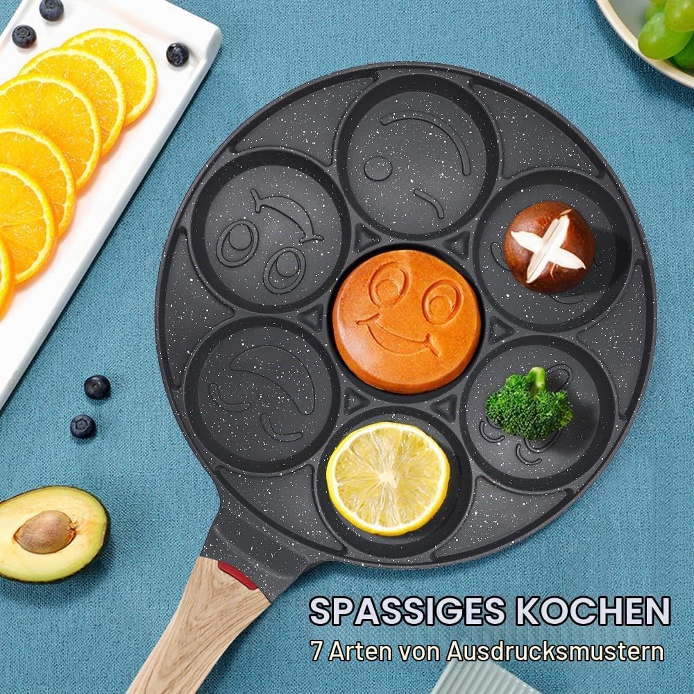 Bobikuke Smiley Pancake Pfanne, Antihaft Pancake Maker 7 Löcher Spiegelei-Pfanne für Kinder, 26 cm (