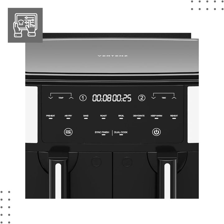 VERTENZ Taste 90 | Heissluftfritteuse Airfryer 9L in Zwei Körben Doppelkammer | 8 Automatische Menüs