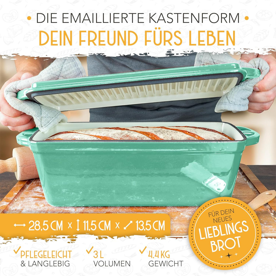 KRUSTENZAUBER Emaille Brotbackfrom mit Deckel inkl. Gärkorb - Robuste 28cm Backform aus Gusseisen -
