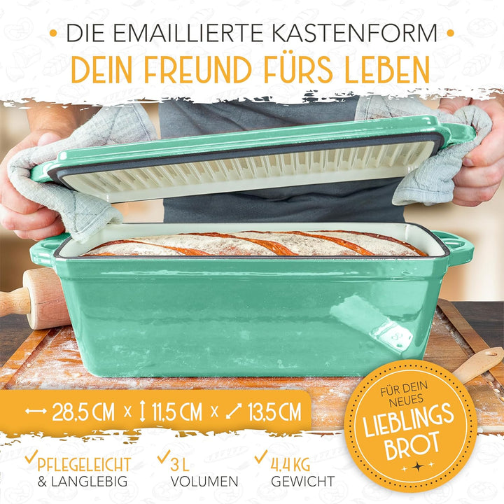 KRUSTENZAUBER Emaille Brotbackfrom mit Deckel inkl. Gärkorb - Robuste 28cm Backform aus Gusseisen -
