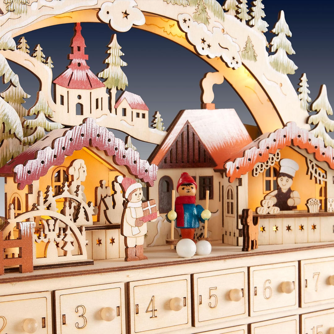 BRUBAKER Adventskalender zum Befüllen - Weihnachtsdorf 2025 - Weihnachtskalender aus Holz mit LED Be