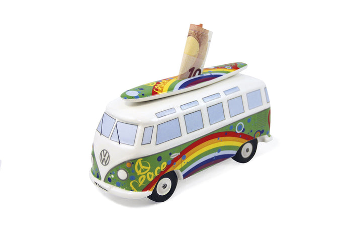 BRISA VW Collection - Volkswagen Spar-Büchse-Schwein-Dose mit Surfbrett im T1 Bulli Bus Samba Design