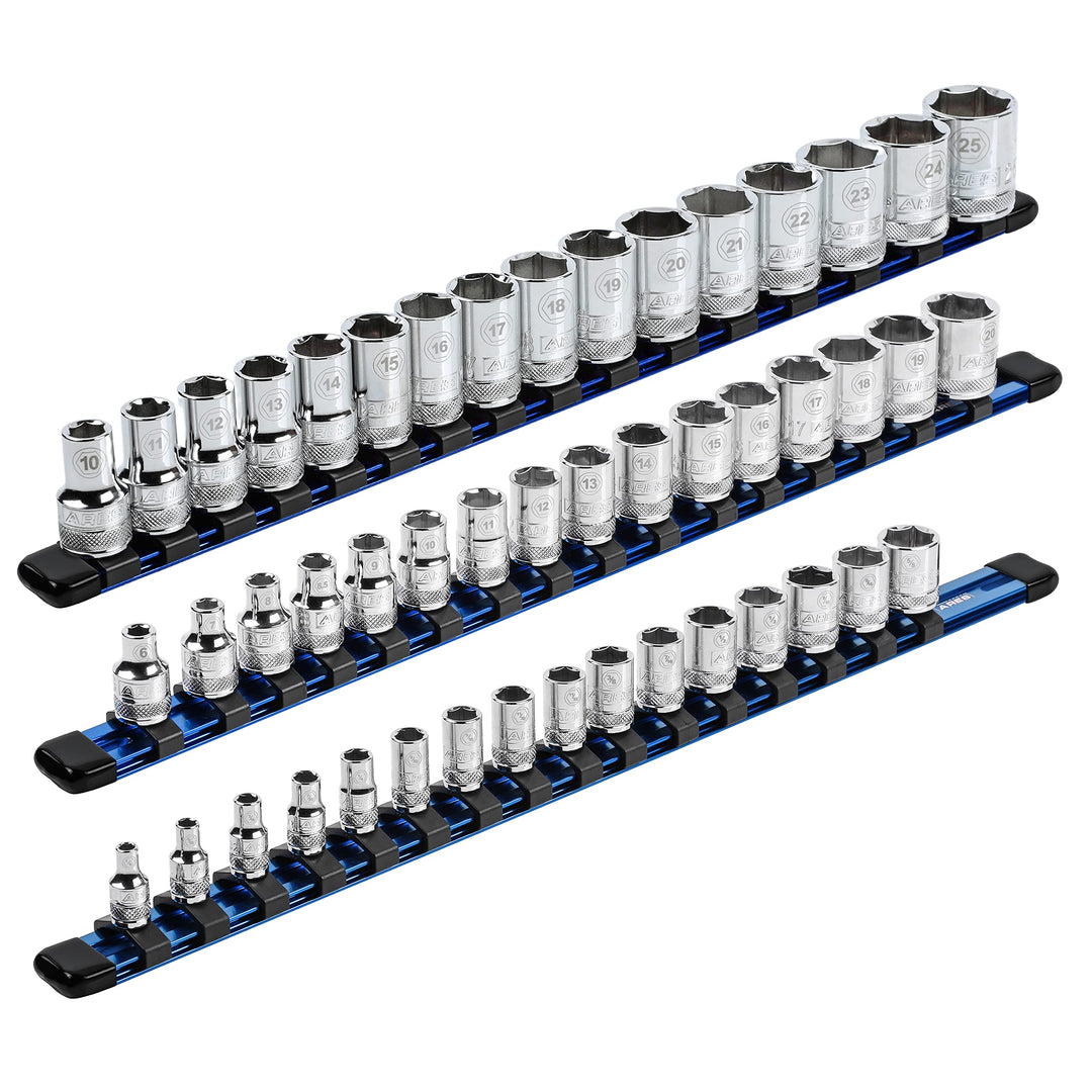 ARES 60041-3-Piece 17-Inch Blue Aluminum Socket Rail Set - 1/4-Inch, 3/8-Inch, and 1/2-Inch Drive So