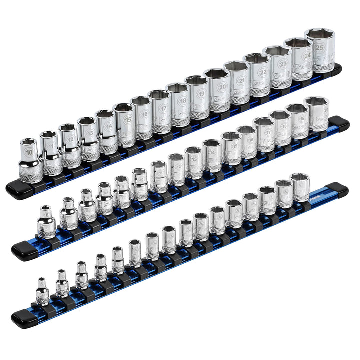 ARES 60041-3-Piece 17-Inch Blue Aluminum Socket Rail Set - 1/4-Inch, 3/8-Inch, and 1/2-Inch Drive So
