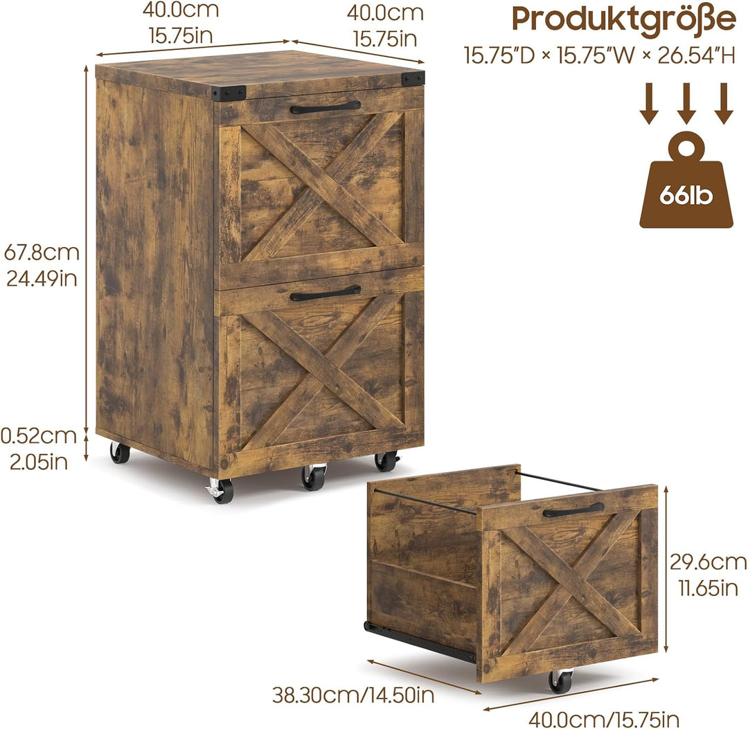 BonVache Rollcontainer, Aktenschrank mit 2 Schubladen und Rollen, Vertikaler Bauernhausstil Schublad