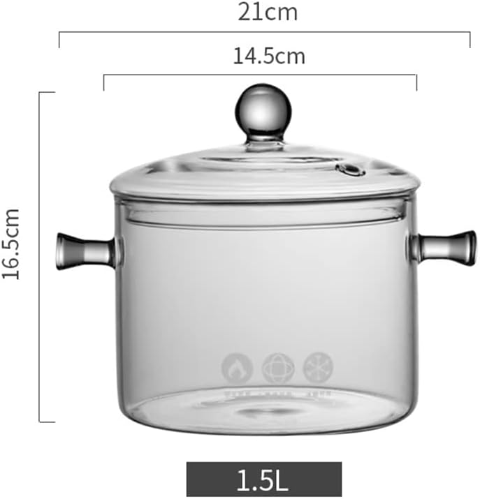 1.5L Glastopf zum Kochen, hochtemperaturbeständiger transparenter Glas Suppentopf mit Doppelgriff un