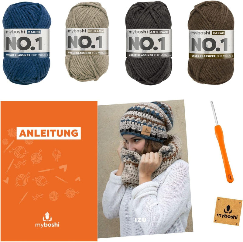 myboshi Häkelset Mütze Izu und Schal Settsu, Häkelset für Anfänger, inkl. No.1 Wolle, Nadel und Anle