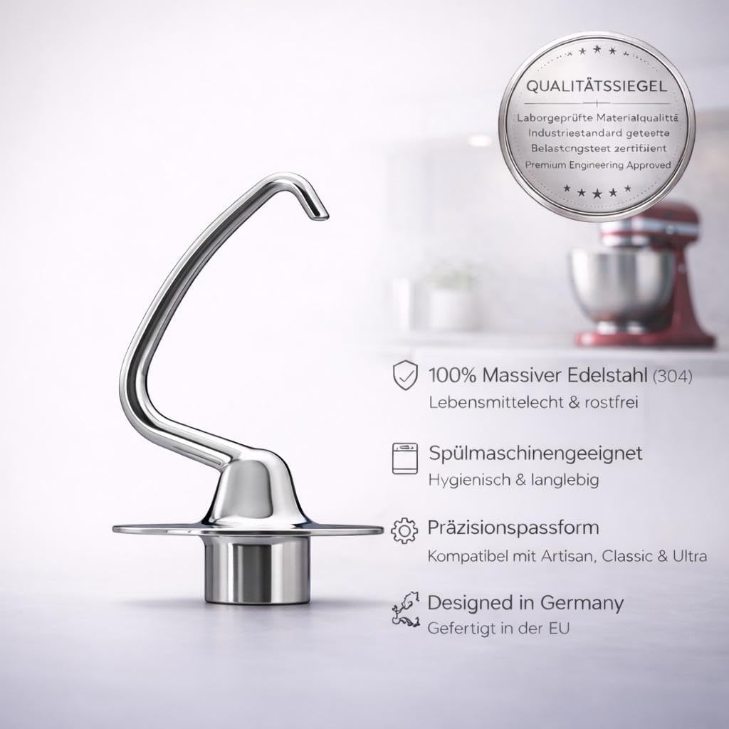 Edelstahl Knethaken K45DH für KitchenAid Küchenmaschine – 100% 304 Edelstahl – Spülmaschinengeeignet