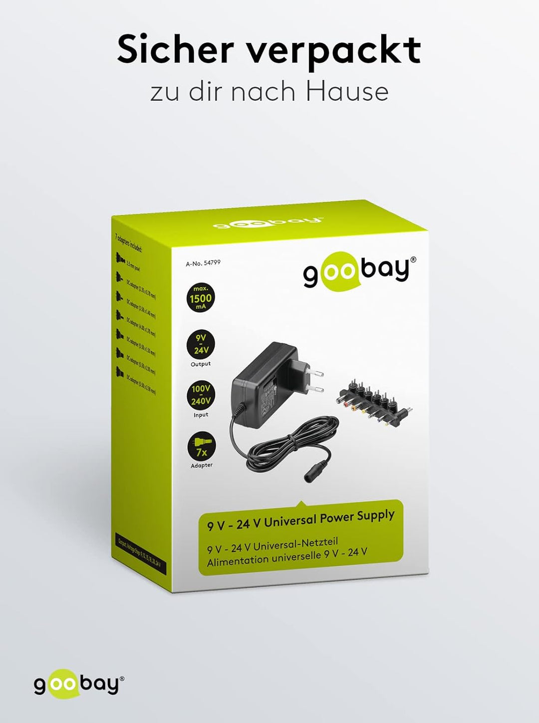 Goobay 54799 Universal Netzteil 9V - 24V max 24 W Netzgerät mit Adapter 1x Klinkenstecker & 6x DC-St