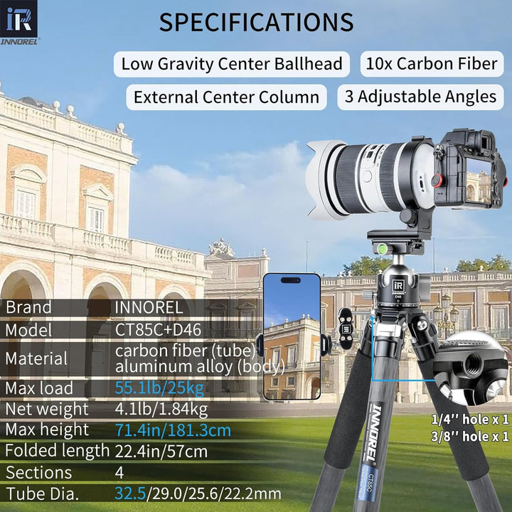 Kohlefaser-Stativ-INNOREL CT85C Professionelles tragbares Stativ für DSLR-Kamera Schwerlastständer 3