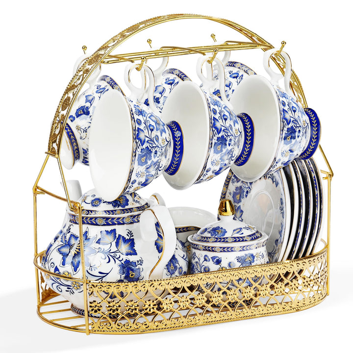 fanquare Blau Blume Porzellan Teeservice mit Metallständer, Vintage Porzellan Kaffeetasse und Untert