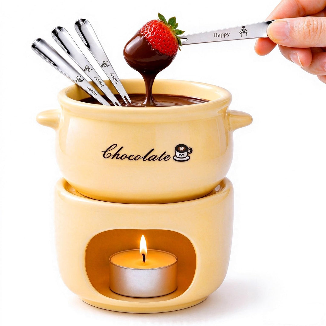 Keramik Schokoladenfondue Set mit 4 Gabeln, Gelb