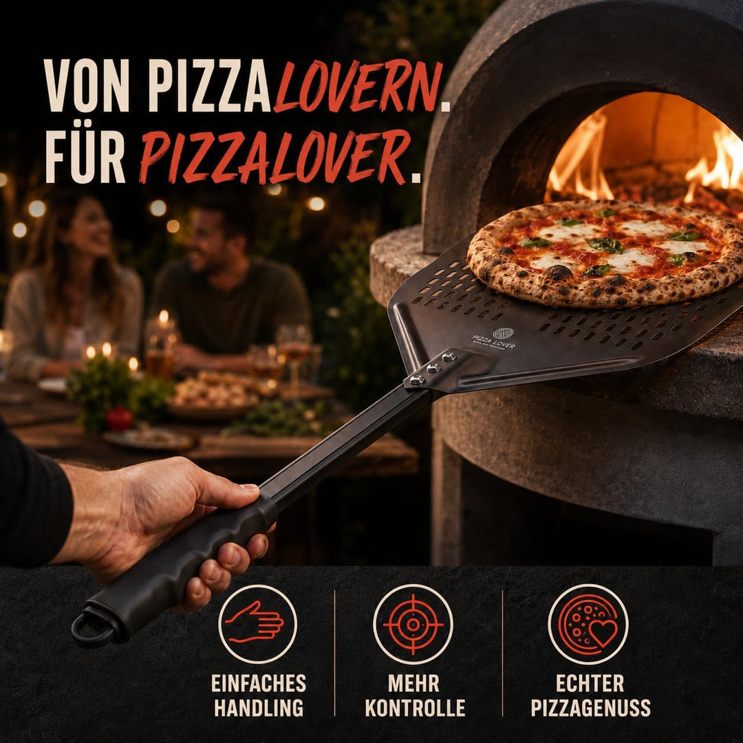 Pizza Lover® hochwertiger Pizzaschieber perforiert 30 x 30 cm Pizzaschaufel aus harteloxiertem Alumi