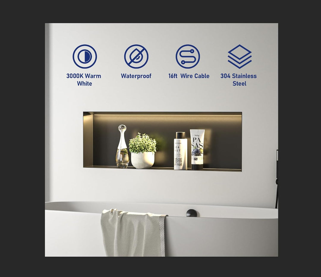 Wandnische Dusche Edelstahl, wasserdichte Nische mit LED-Licht, Eingebettete Duschnische 90x30x10cm,