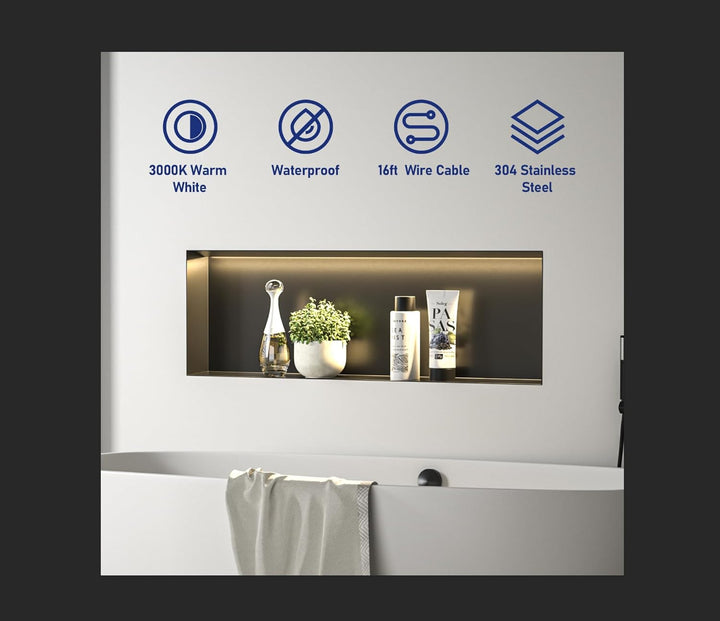 Wandnische Dusche Edelstahl, wasserdichte Nische mit LED-Licht, Eingebettete Duschnische 90x30x10cm,