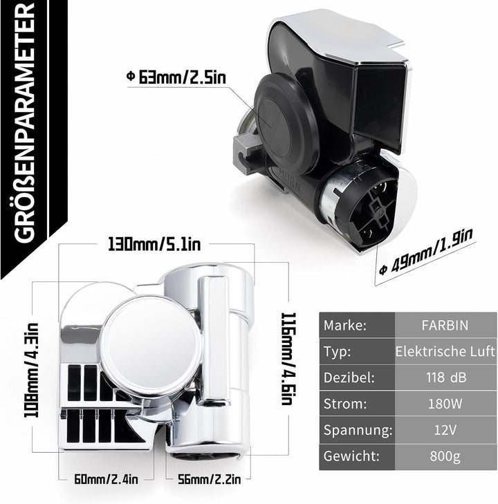 FARBIN 12V Lufthorn Auto Horn Kit Air Horn Laute Luft Hupe Druckluft Hupe Kit für Motorrad LKW Auto