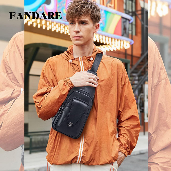 FANDARE Retro Brusttasche Leder Schultertasche Herren Sling Bag Geschäft Chest Bag Wasserdicht Umhän