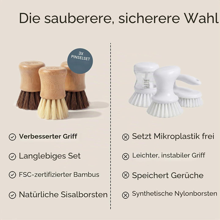 Vove Spülbürsten-Set mit Keramikbecher, 3er-Set – FSC-zertifizierter Bambus, plastikfreie, natürlich