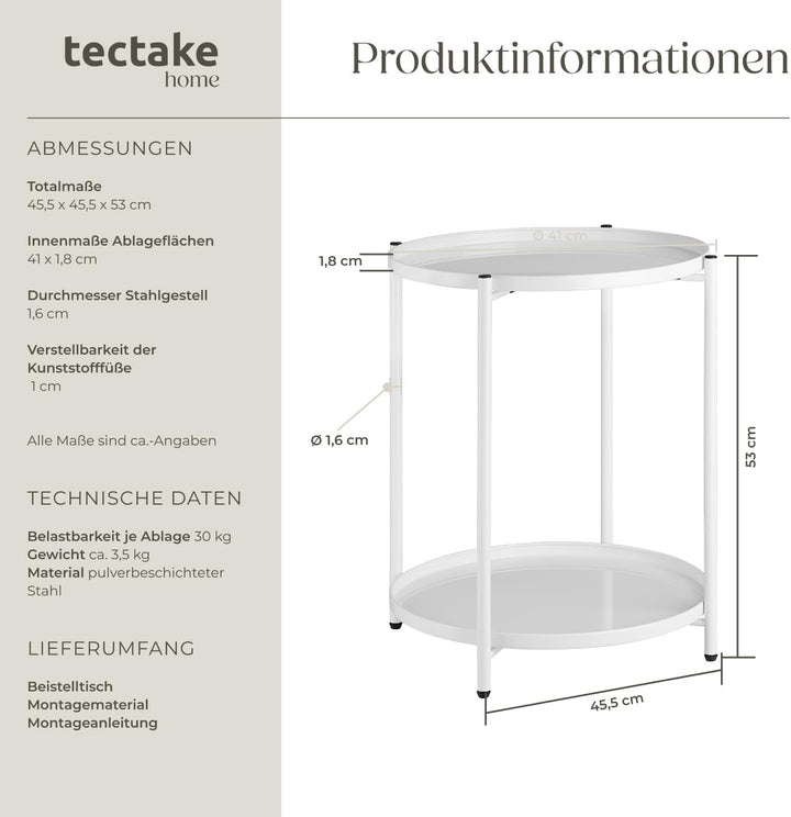 tectake® Tisch rund, Beistelltisch Metall, Kleiner Tisch, Couchtisch mit Stauraum, Coffee Table für