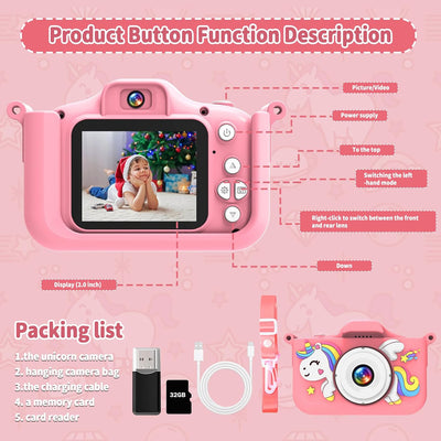 MYSTILUCK Kinderkamera, 1080P HD Digitalkamera für Kinder mit 2,0"-Bildschirm & 32GB-Karte, Fotoappa