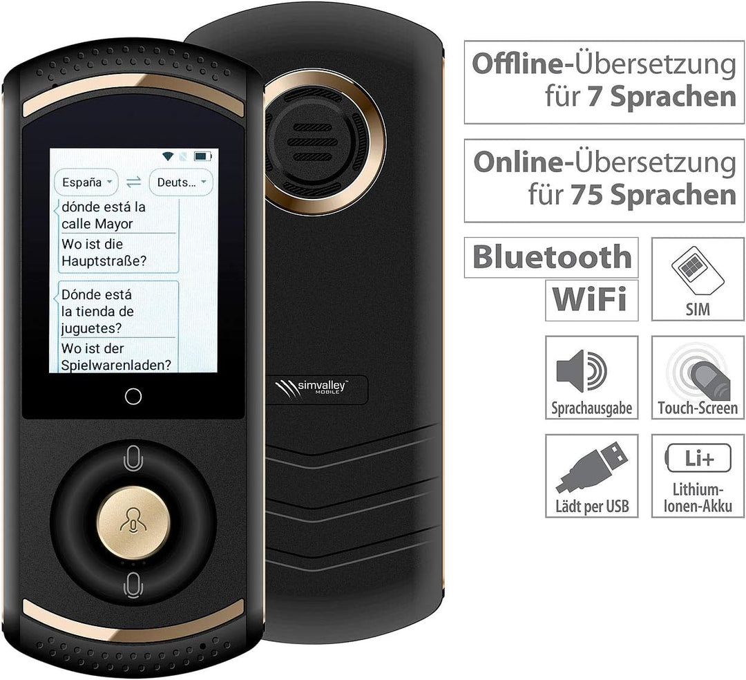 simvalley MOBILE Mobile Übersetzer: Mobiler Echtzeit-Sprachübersetzer, 75 Sprachen, 4G/LTE, WLAN, sc