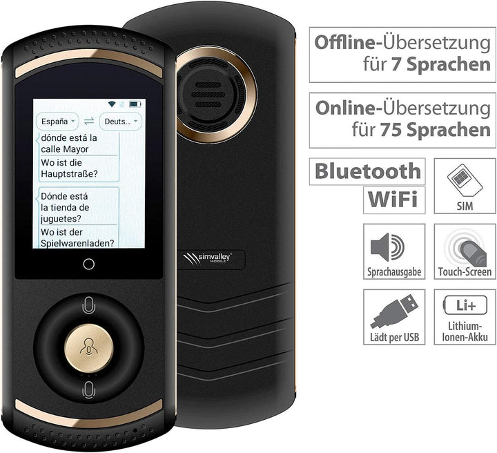 simvalley MOBILE Mobile Übersetzer: Mobiler Echtzeit-Sprachübersetzer, 75 Sprachen, 4G/LTE, WLAN, sc